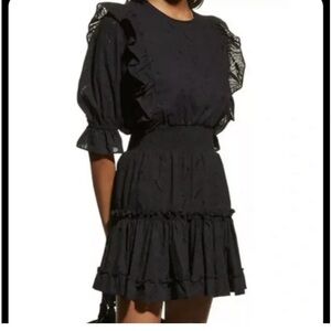 MISA Los Angeles Doutzen Dress Black Mini Ruffle Eyelet Boho M  $335